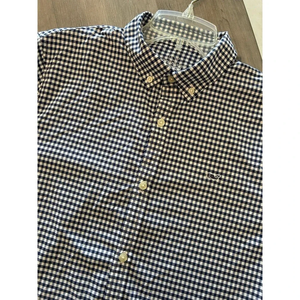 Vineyard Vines Button Up Youth Boys Size XL (18) Navy Gingham Plaid Whale Shirt